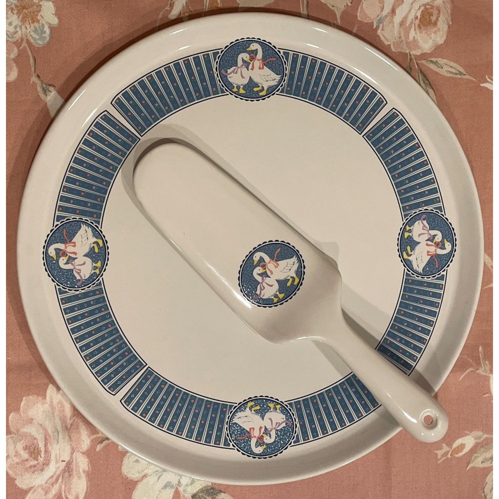 Vtg Country Geese w/Ribbons Hostess Pie Cake Plate & Server Farmhouse Cottage
